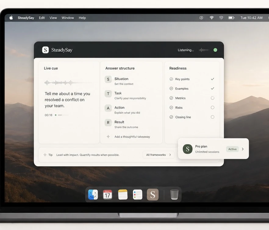 SteadySay desktop overlay preview on a MacBook
